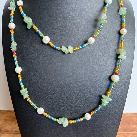 Multicolor and Pearl Boho Beachy Beaded Necklace with Green Accents - Picture 4 of 10